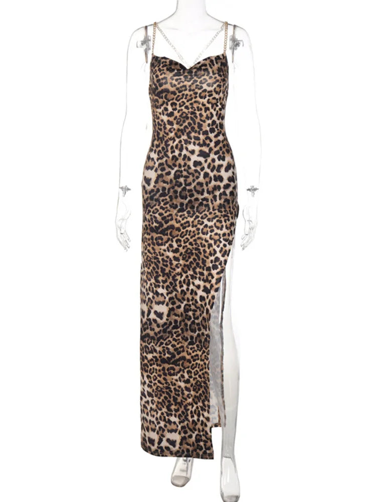 Leopard Print Chain Strap Maxi Dress