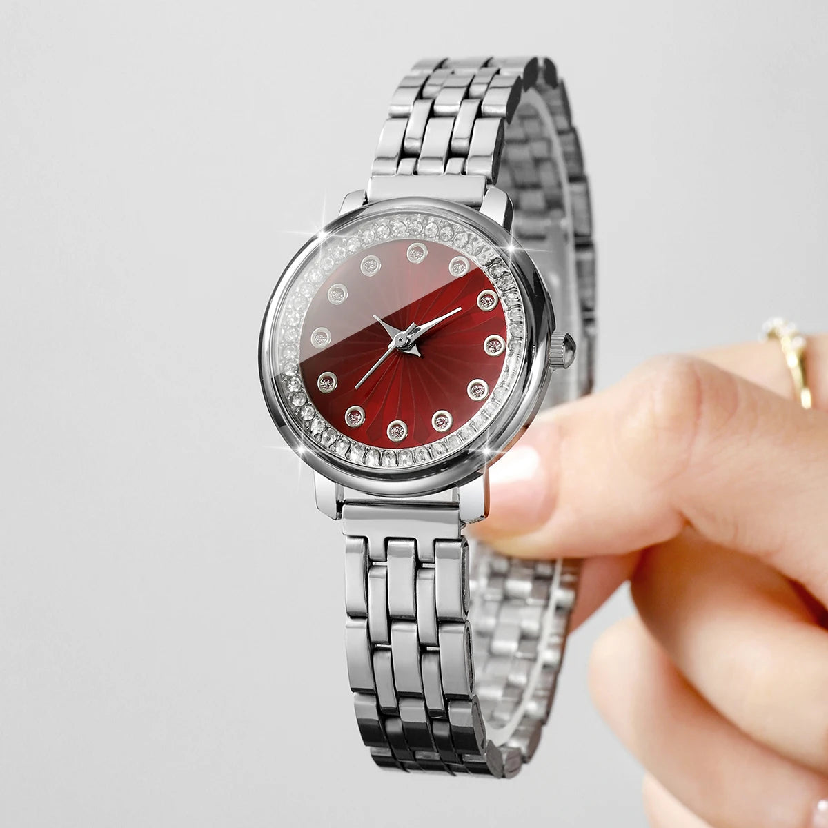 Luxury Red Dial Rhinestone Women's Quartz Watch – Stainless Steel Elegant Wristwatch