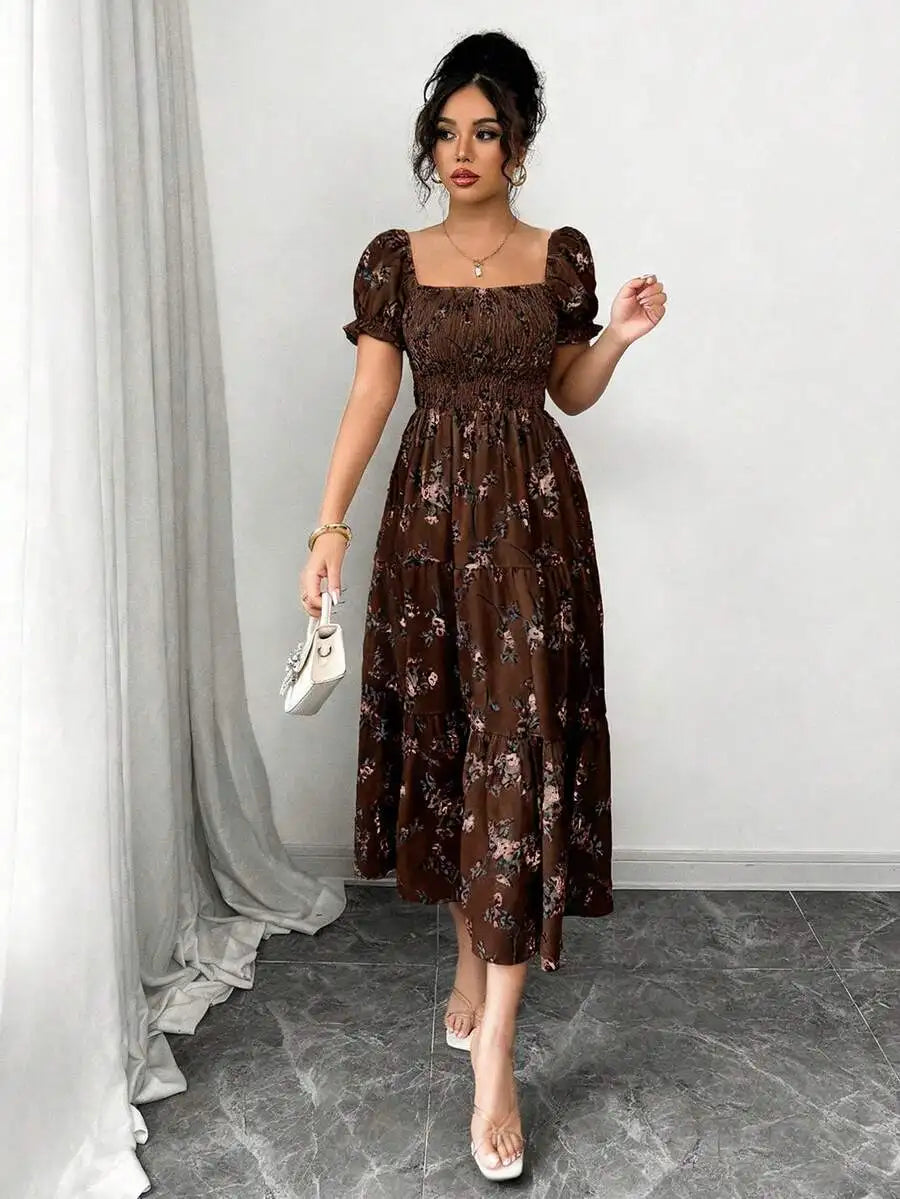 Women's Square Neck Pleated Maxi Dress - Short Sleeve Ruffle Hem