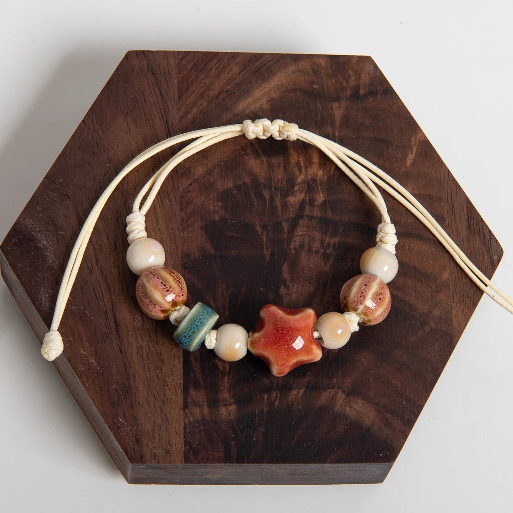 Handmade Ceramic Peach Star & Melon Bead Bracelet – Adjustable Multicolor Wax Cord Boho Jewelry