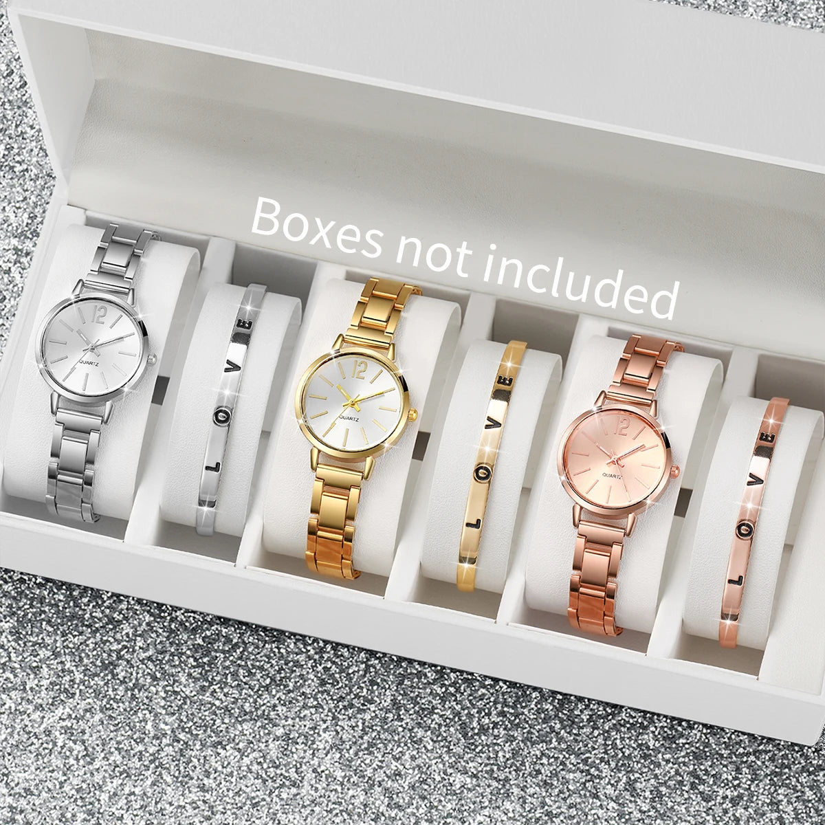 Women's Steel Band Quartz Watch & Diamond Bracelet Set – 6PCS Fashion Wristwatch