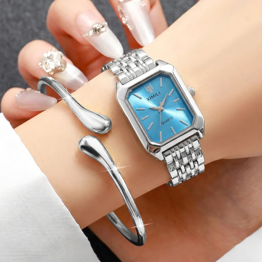 Fashion Rectangle Women's Quartz Watch & Jewelry Set – 6PCS Steel Band Wristwatch
