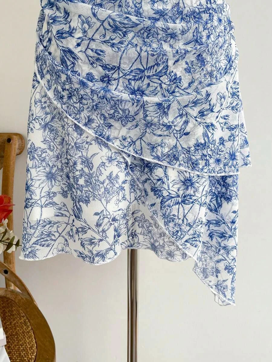 Women's Summer Blue Floral Mesh Dress - V Neck Elegant Slim Fit