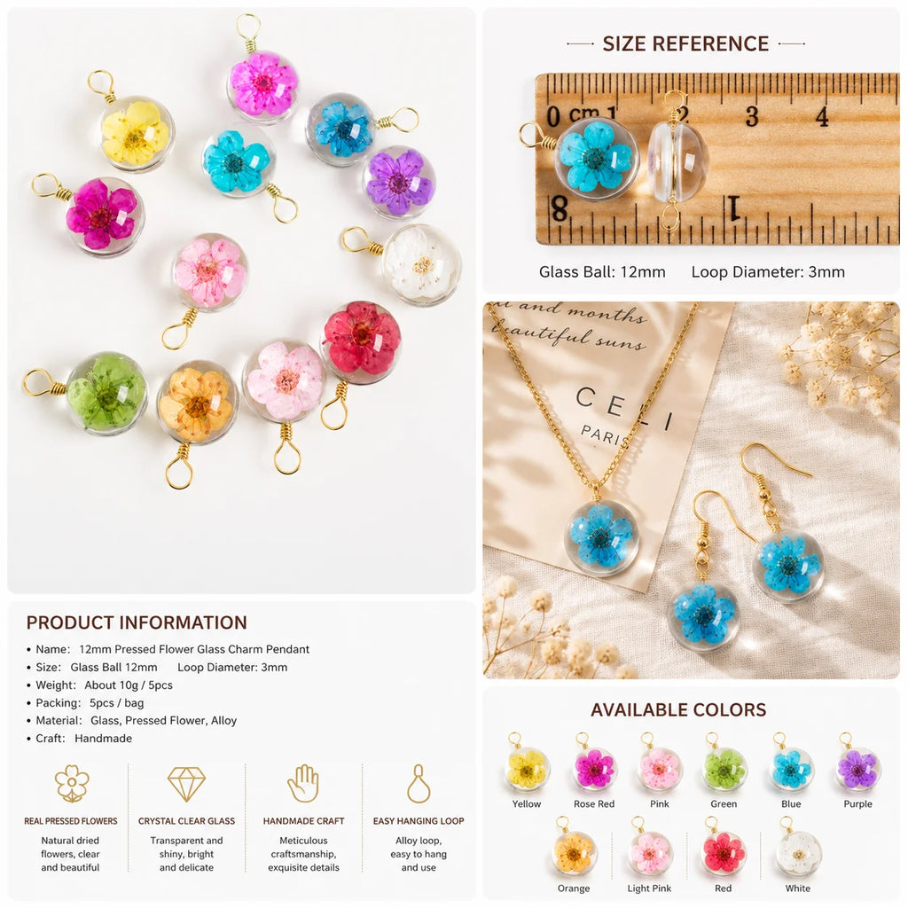 Handmade Pressed Flower Glass Charm Pendant – 12MM Mini Floral Dangle for DIY Jewelry