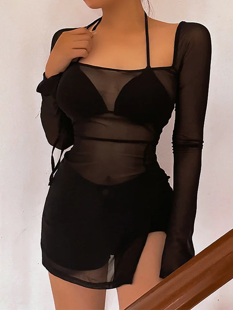 Square Collar Sheer Long Sleeve Mini Dress