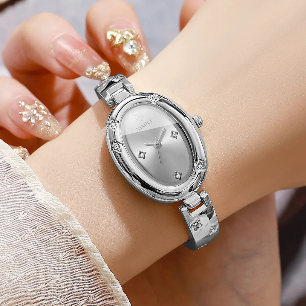 Elegant Oval Dial Women's Rhinestone Bracelet Quartz Watch – Bangle Wristwatch