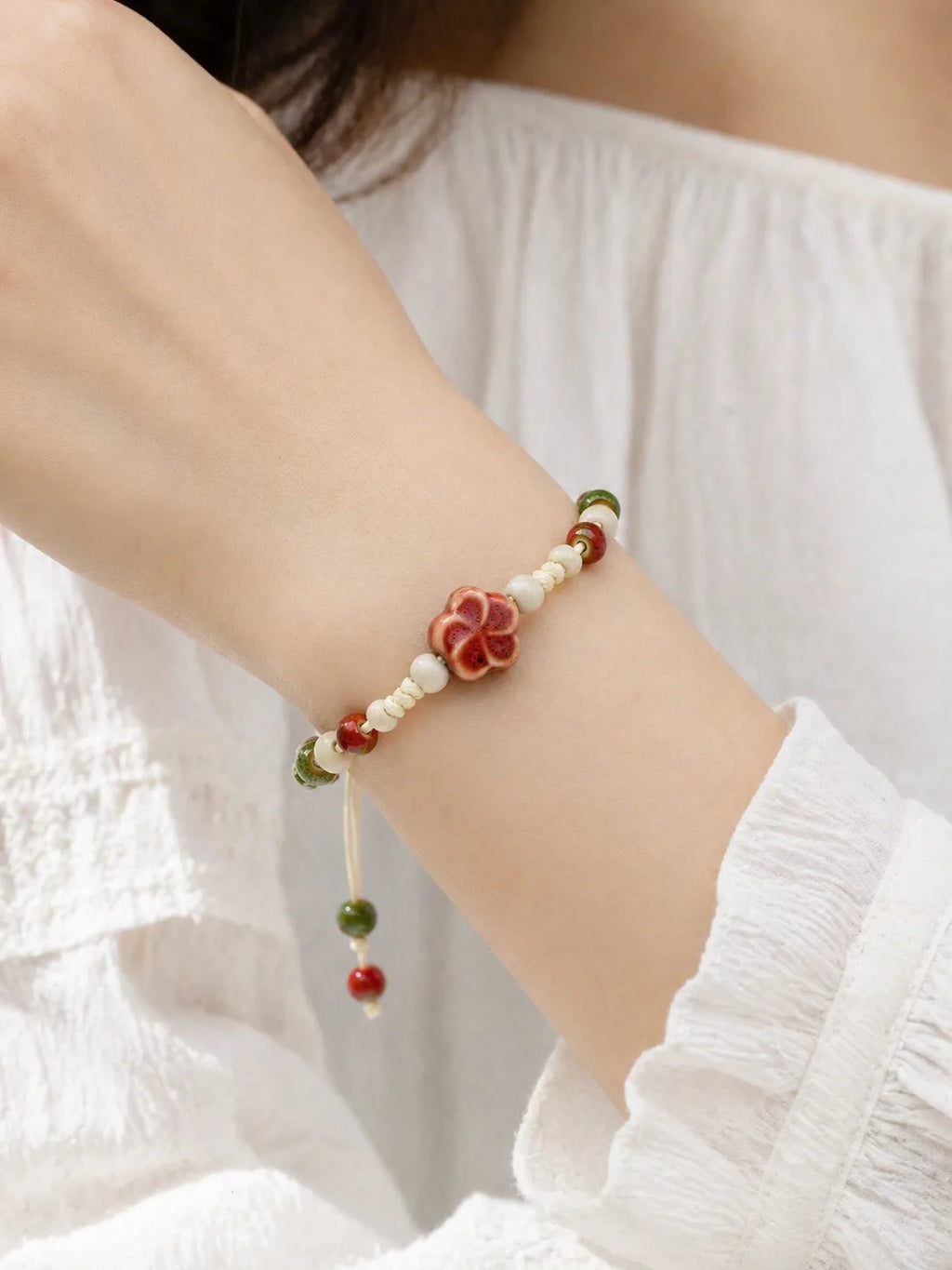 Handmade Ceramic Flower Bracelet – Adjustable Multicolor Beaded Wax Cord Jewelry Gift