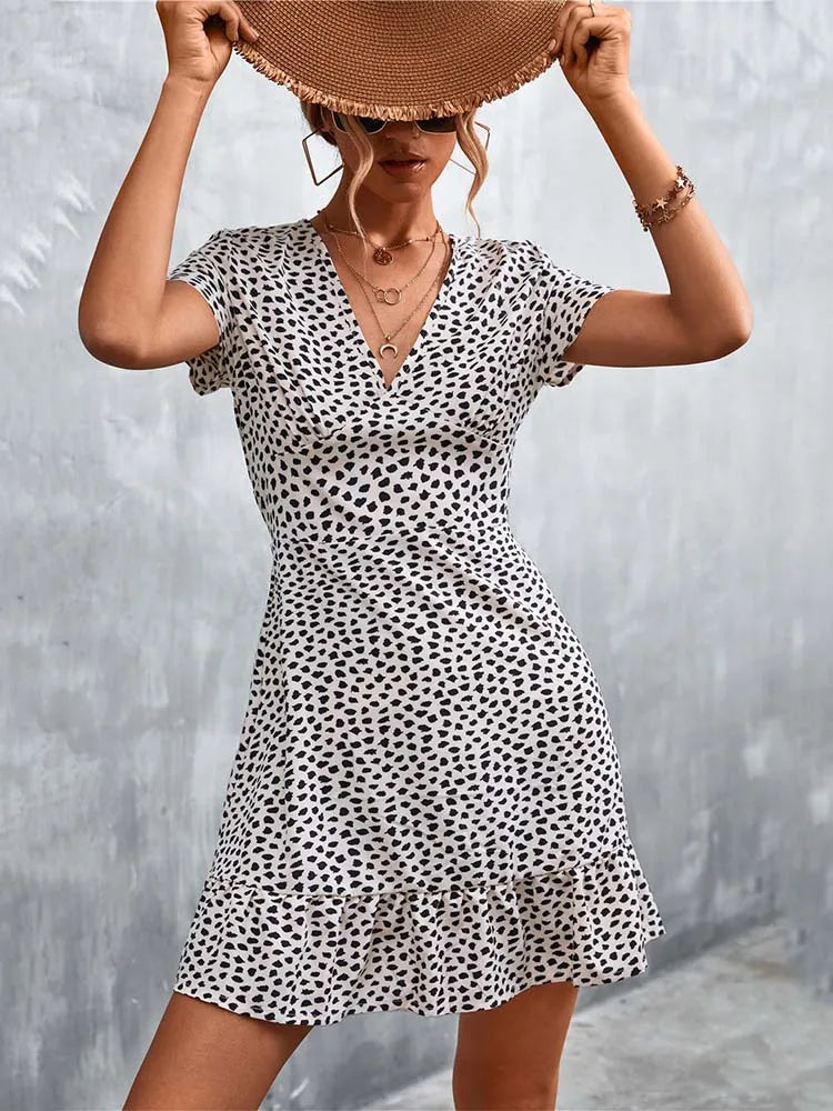 Boho Floral Print V-Neck Mini Dress