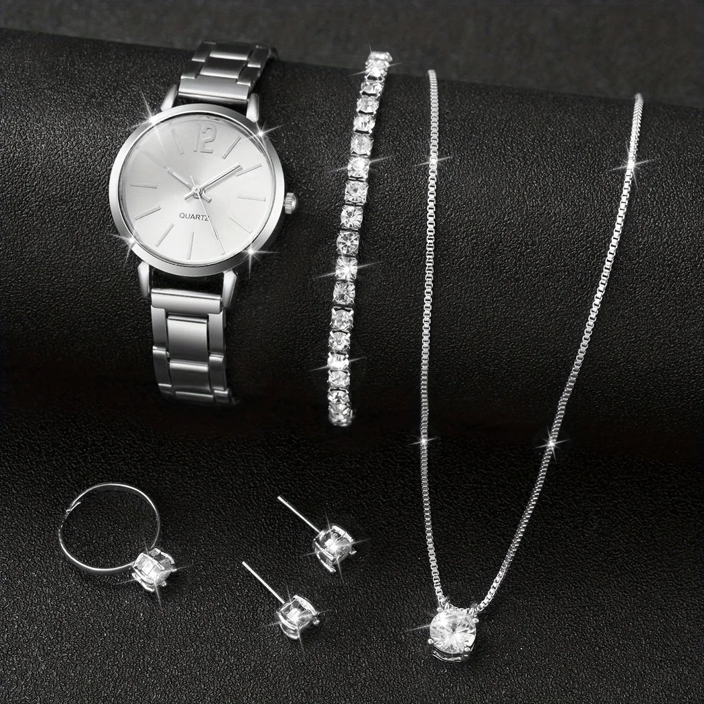 Women's Stainless Steel Quartz Watch & Diamond Jewelry Set – 6PCS Fashion Wristwatch