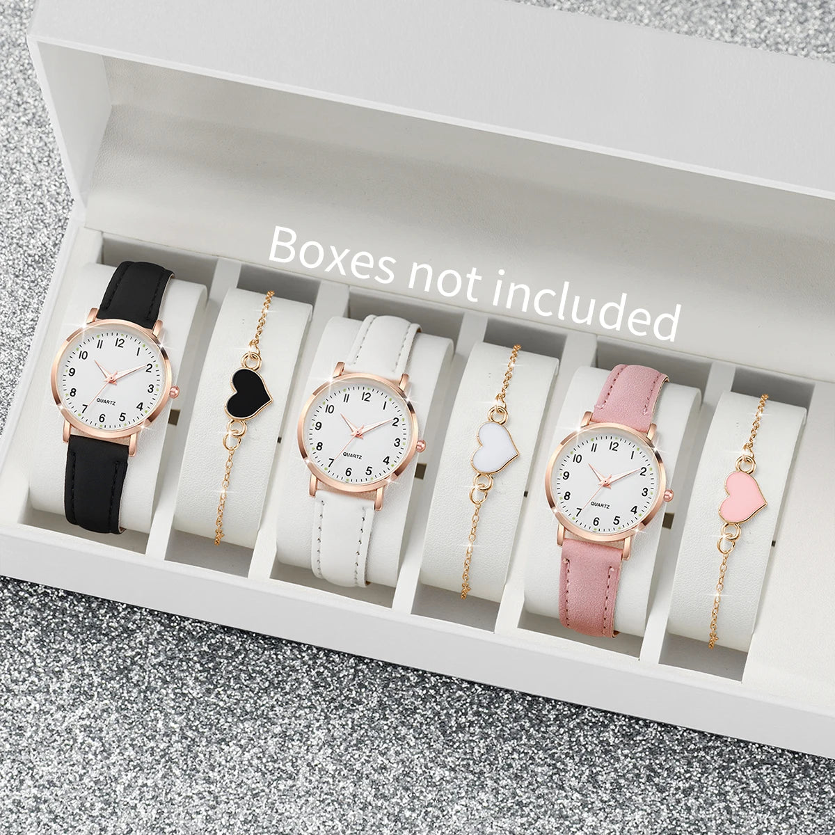Fashion Women's Leather Quartz Watch & Heart Bracelet Set – 4/6PCS Arabic Dial Wristwatch