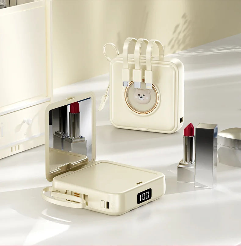 Mini Power Bank 20000mAh – Built-in 4 Cables, Makeup Mirror & Cute Pet Cartoon Design