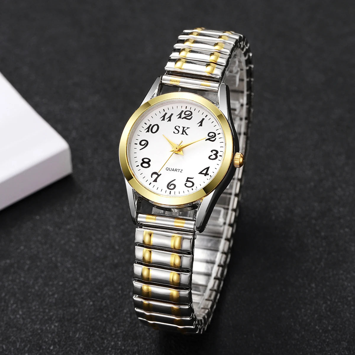 Elegant Elastic Strap Women's Quartz Watch – Small Arabic Dial Ladies Wristwatch Set