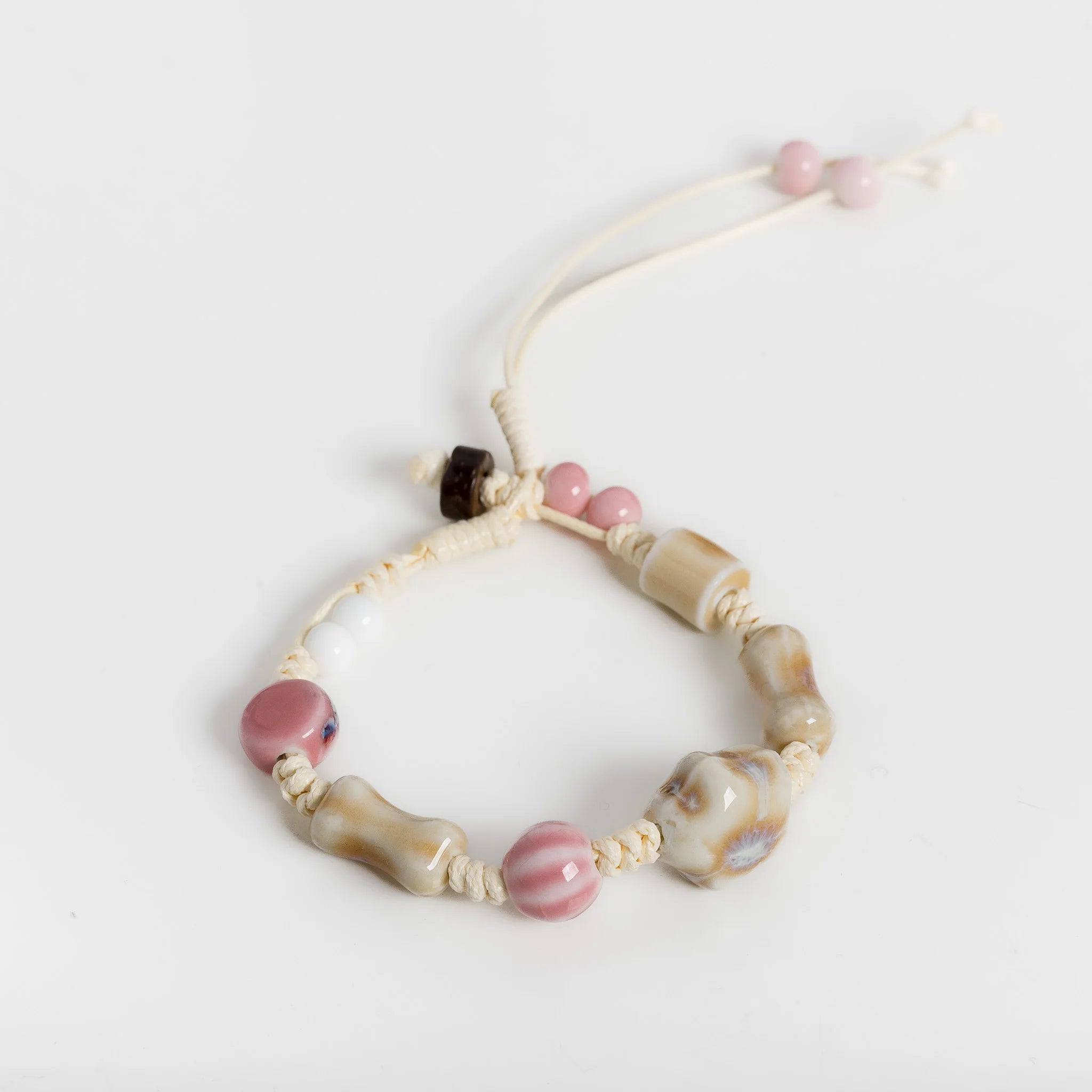 Handmade Ceramic Bone Bead & Star Charm Bracelet – Adjustable Wax Cord Artisan Jewelry