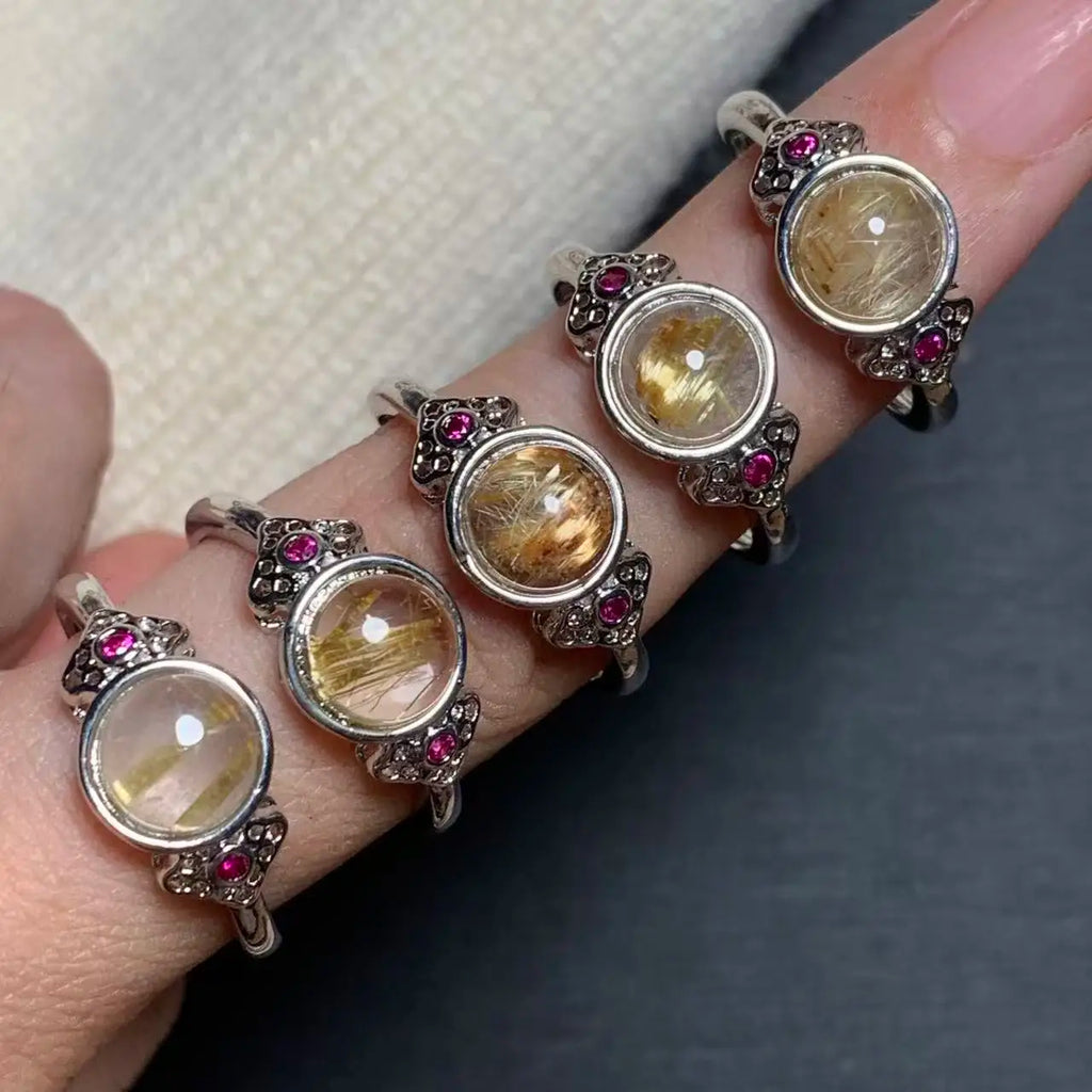 Natural Gold Rutilated Quartz Adjustable Ring – Vintage Gemstone Ring for Women