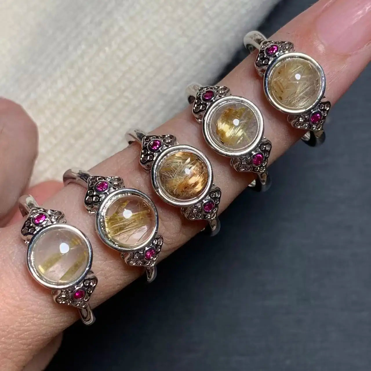 Natural Gold Rutilated Quartz Adjustable Ring – Vintage Gemstone Ring for Women