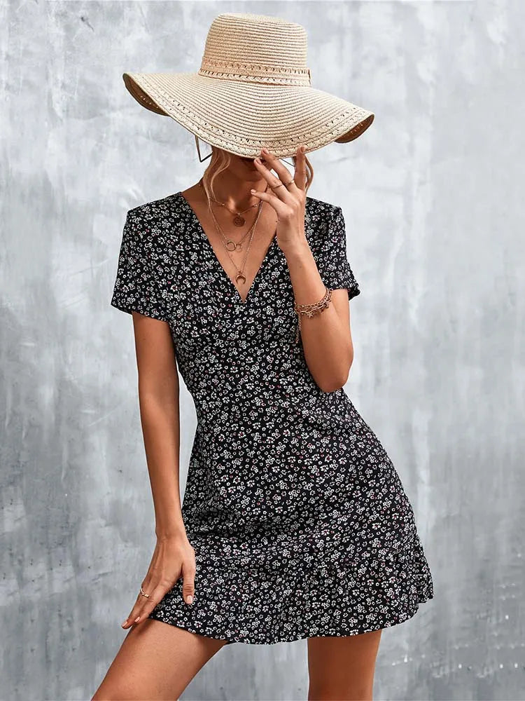 Boho Floral Print V-Neck Mini Dress