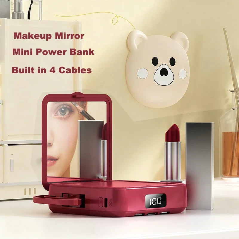 Mini Power Bank 20000mAh – Built-in 4 Cables, Makeup Mirror & Cute Pet Cartoon Design