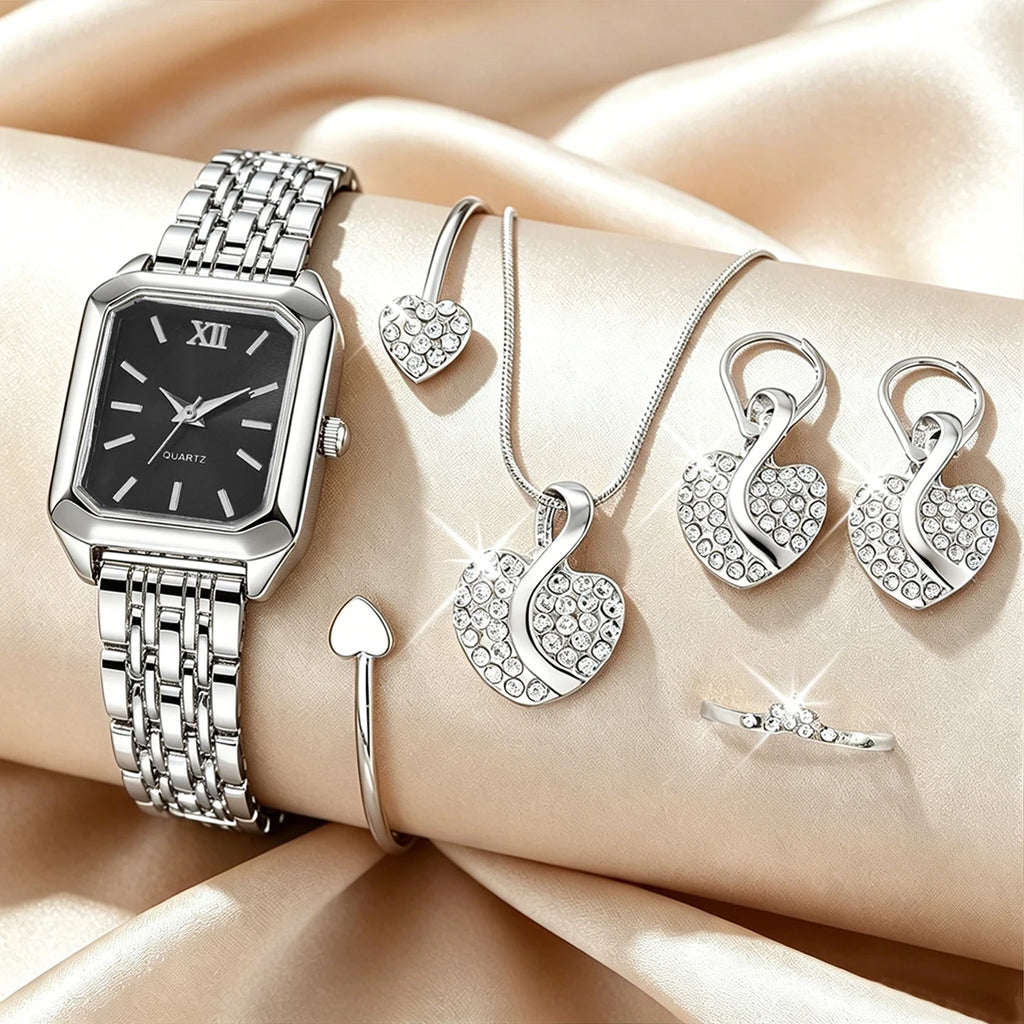 Elegant Rectangle Women's Quartz Watch & Rhinestone Heart Jewelry Set – 6PCS Ladies Wristwatch