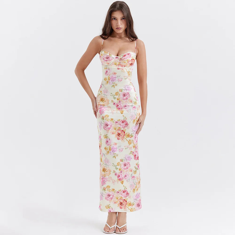 Women's Spaghetti Strap Floral Print Maxi Dress - Boat Neck Elegant Style