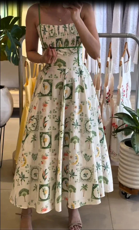 Women's Printed Gathered Swing Midi Dress - Spaghetti Strap High Waist