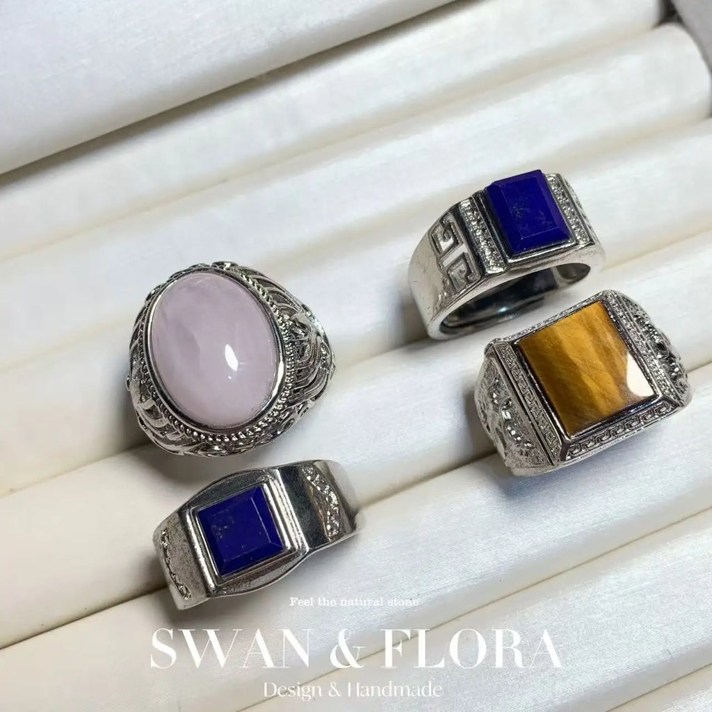 Natural Lapis & Tiger's Eye Ring – Adjustable Vintage Gemstone Ring for Men & Women