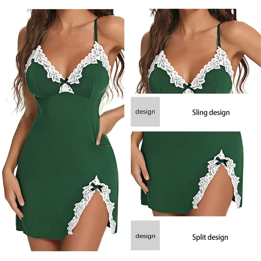 Sexy lace satin nightgown with V-neck and split hem, soft and sleeveless