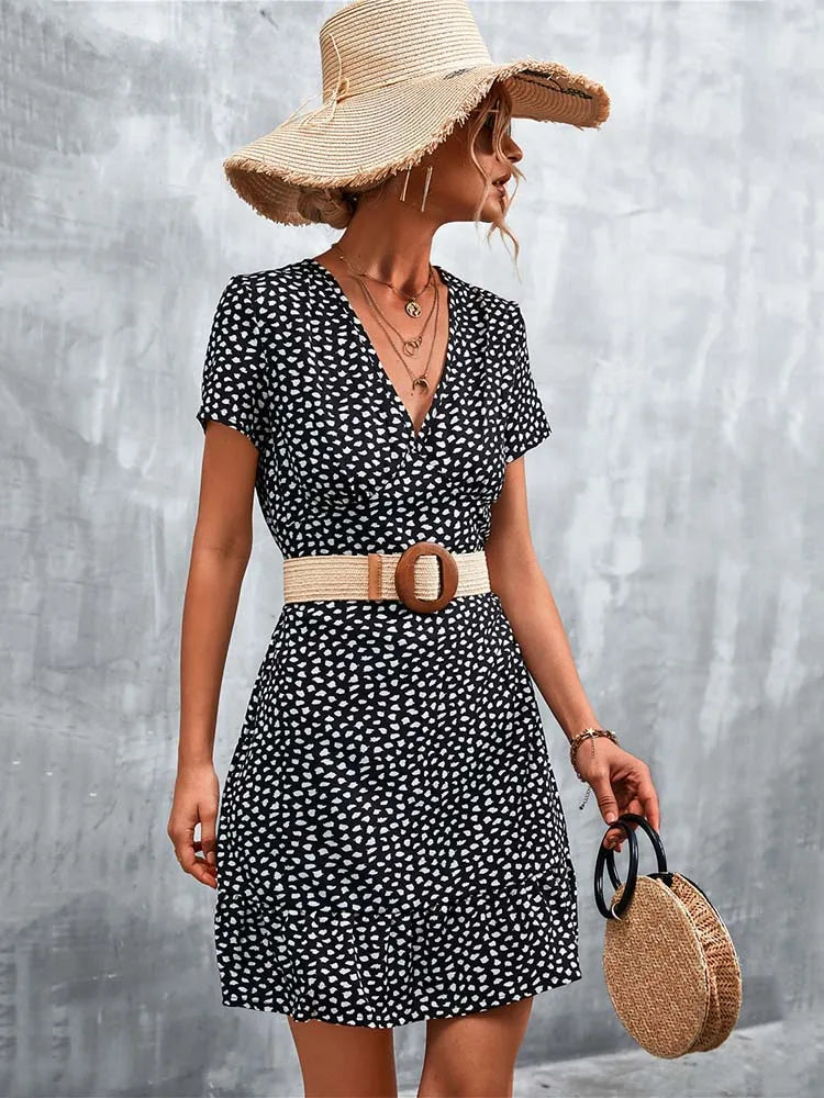 Boho Floral Print V-Neck Mini Dress