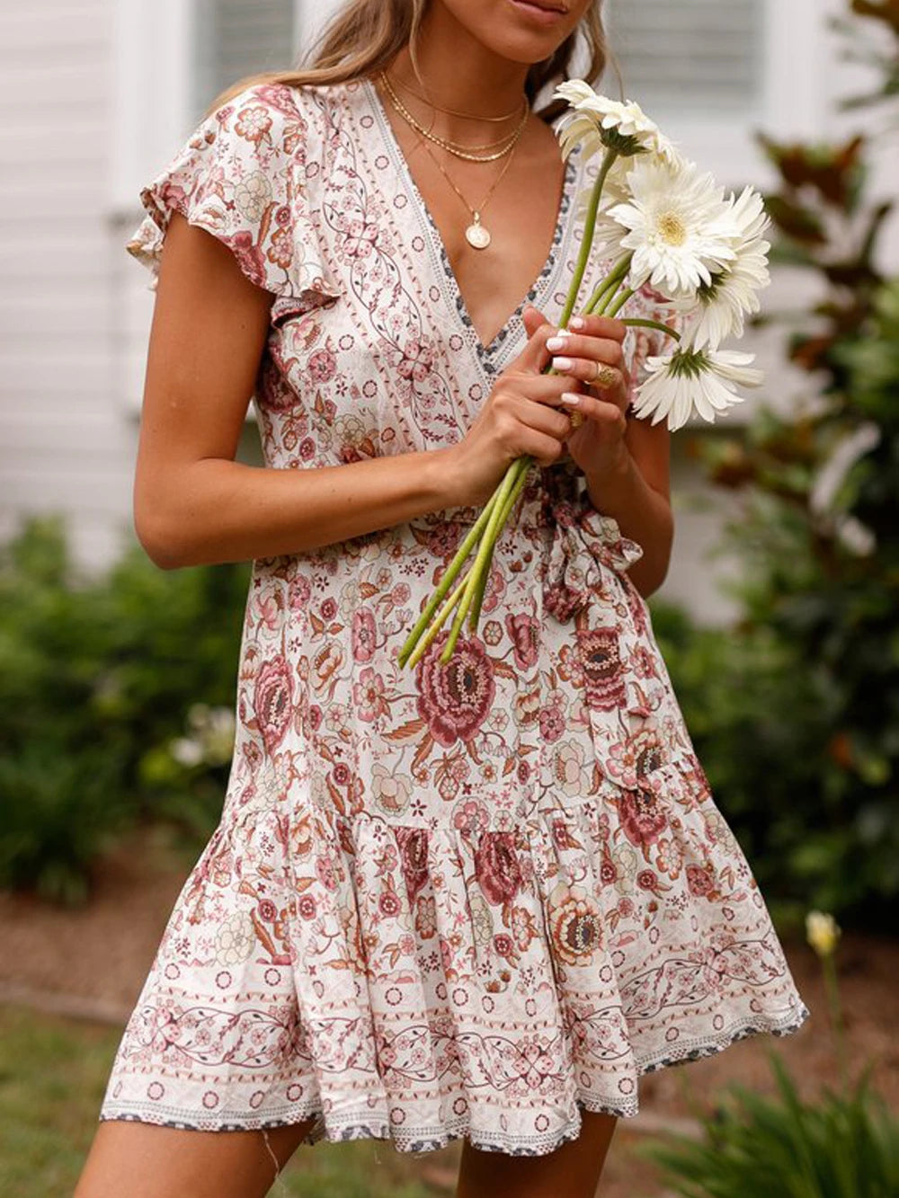 Vintage Chic Fashion Women Hippie Floral Print V-neck