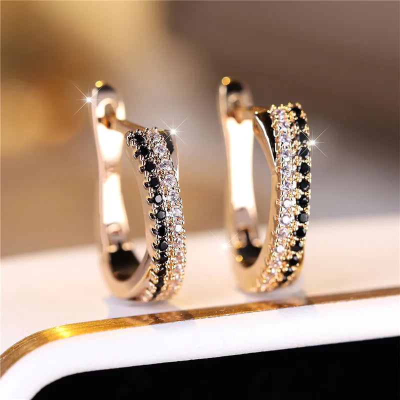 Black & White Zircon Clip Earrings – Gold Tone Wedding Jewelry for Women
