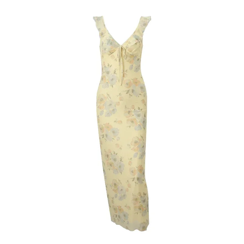 Women's Retro V-Neck Yellow Flower Print Maxi Dress - Sleeveless High Waist Long Dress