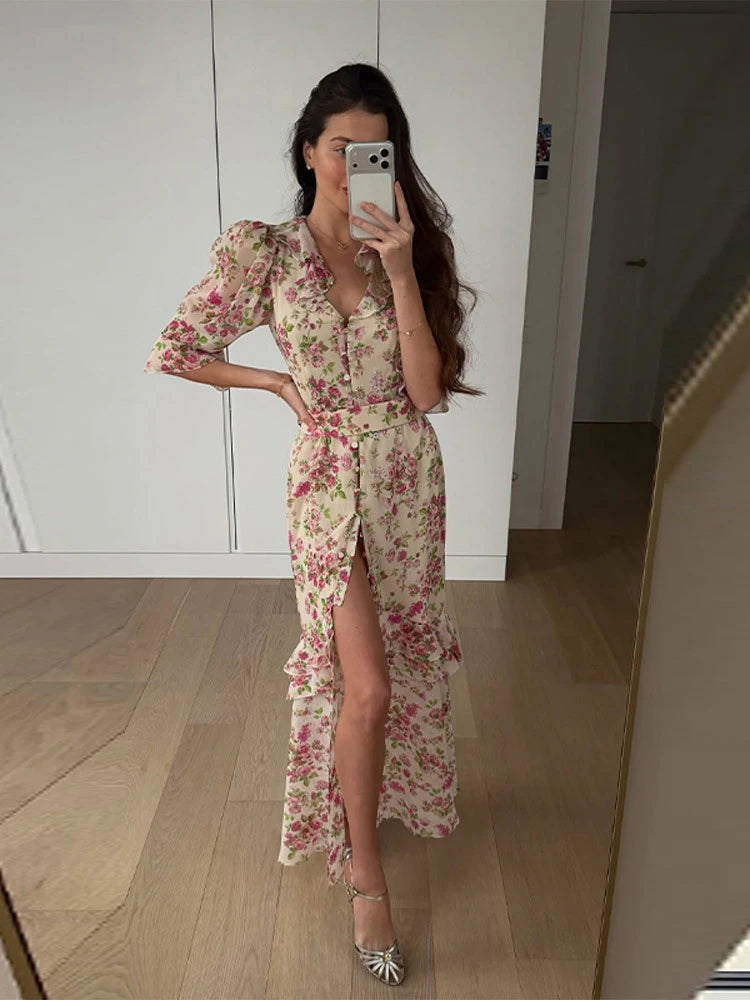 Women's Printed Gathered Swing Midi Dress - Spaghetti Strap High Waist