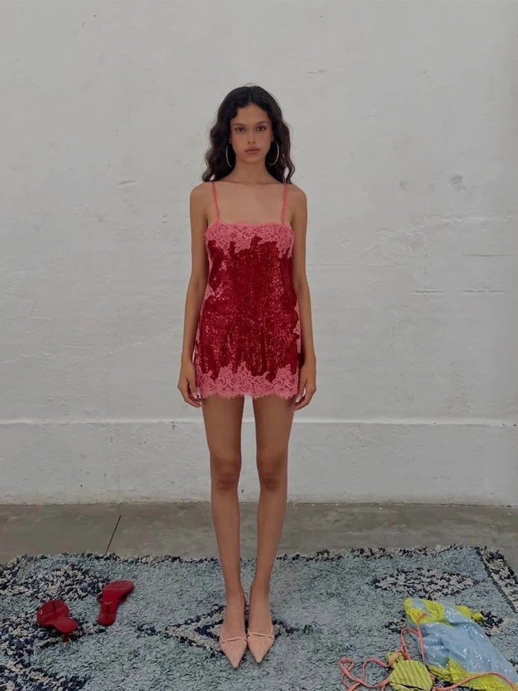Women's Floral Lace Sequin Mini Slip Dress – Spaghetti Strap Sweetheart Bodycon