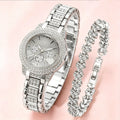 Luxury Full Diamond Women's Quartz Watch & Heart Bracelet Set – 2PCS Ladies Wristwatch