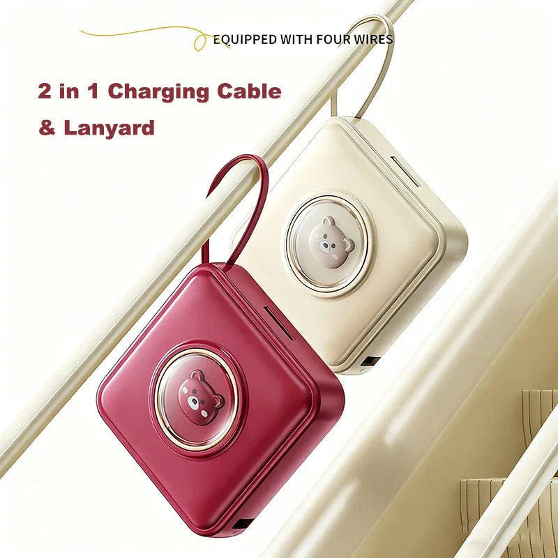 Mini Power Bank 20000mAh – Built-in 4 Cables, Makeup Mirror & Cute Pet Cartoon Design