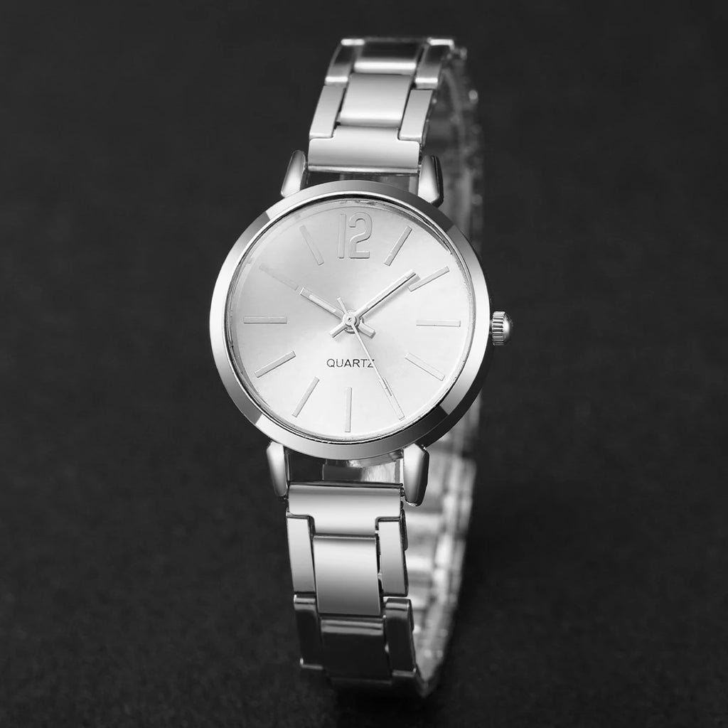 Women's Stainless Steel Quartz Watch & Diamond Jewelry Set – 6PCS Fashion Wristwatch