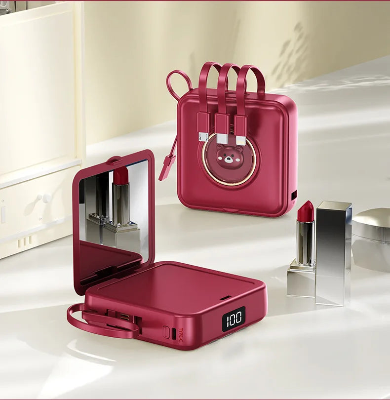 Mini Power Bank 20000mAh – Built-in 4 Cables, Makeup Mirror & Cute Pet Cartoon Design
