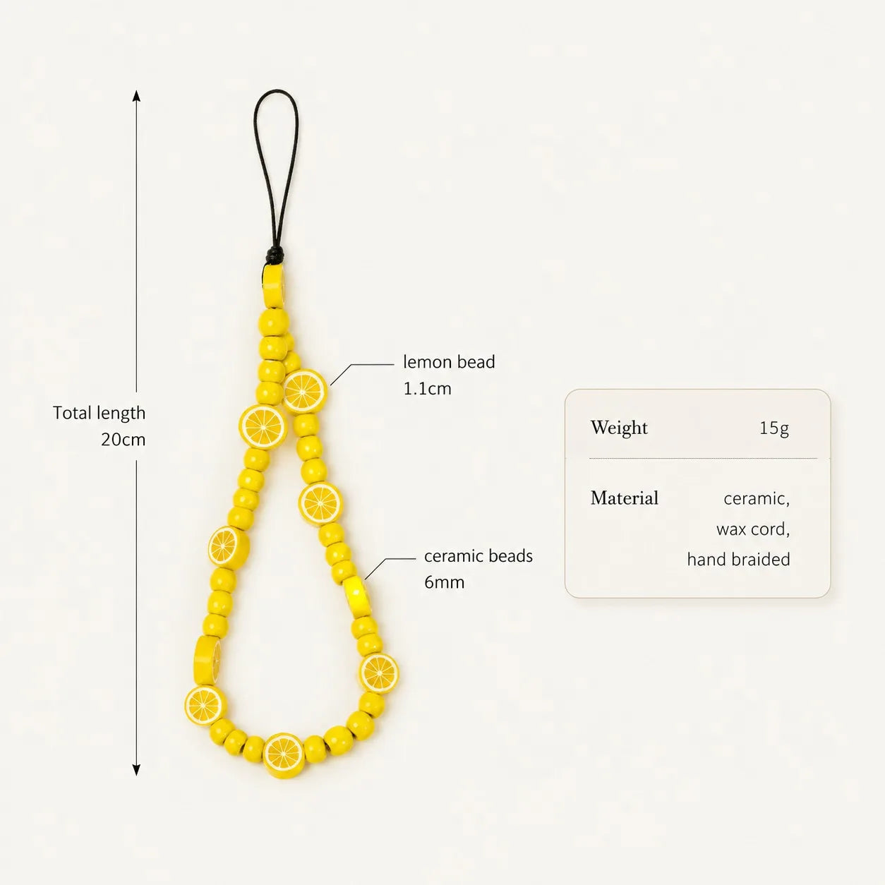 Handmade Fresh Lemon Ceramic Phone Charm – Braided Wax Cord Gift Accessory
