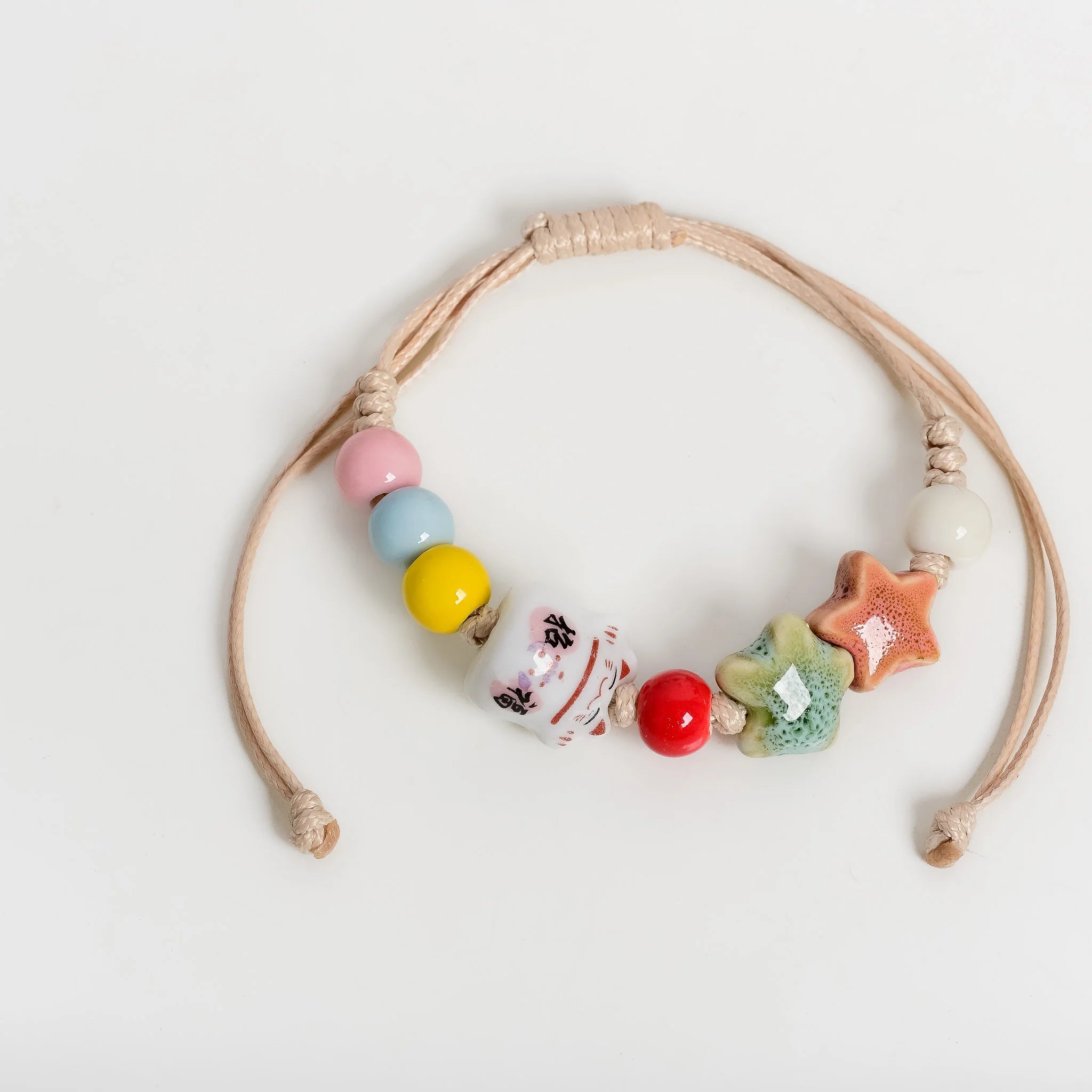 Handmade Ceramic Star Cat Bracelet – Adjustable Multicolor Cord Jewelry for Women