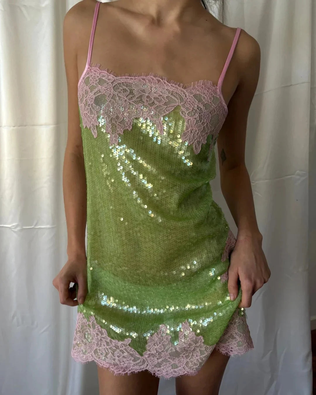 Women's Floral Lace Sequin Mini Slip Dress – Spaghetti Strap Sweetheart Bodycon