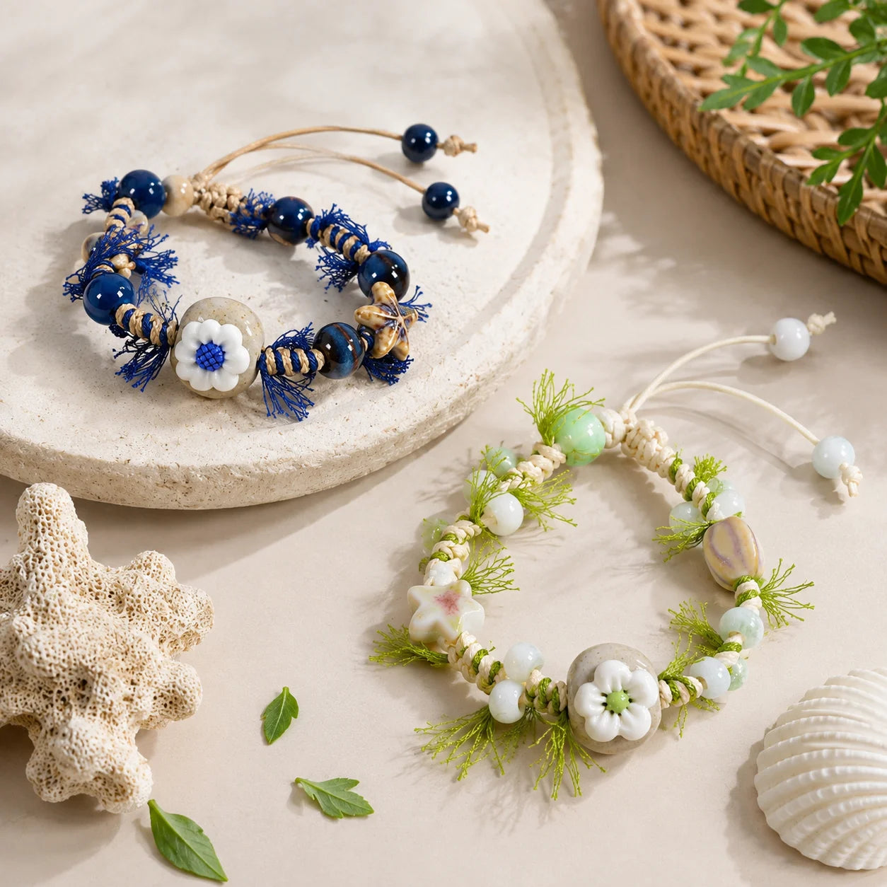 Handmade Ceramic Sunflower Bracelet – Adjustable Wax Cord Boho Floral Jewelry for Women