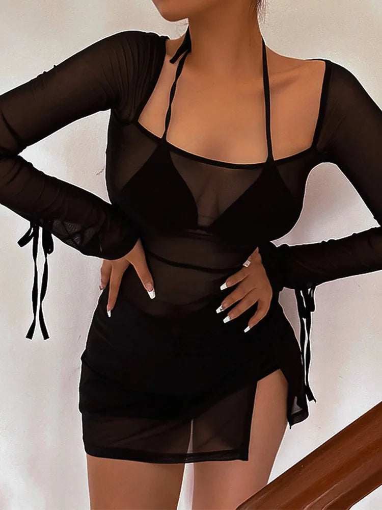 Square Collar Sheer Long Sleeve Mini Dress
