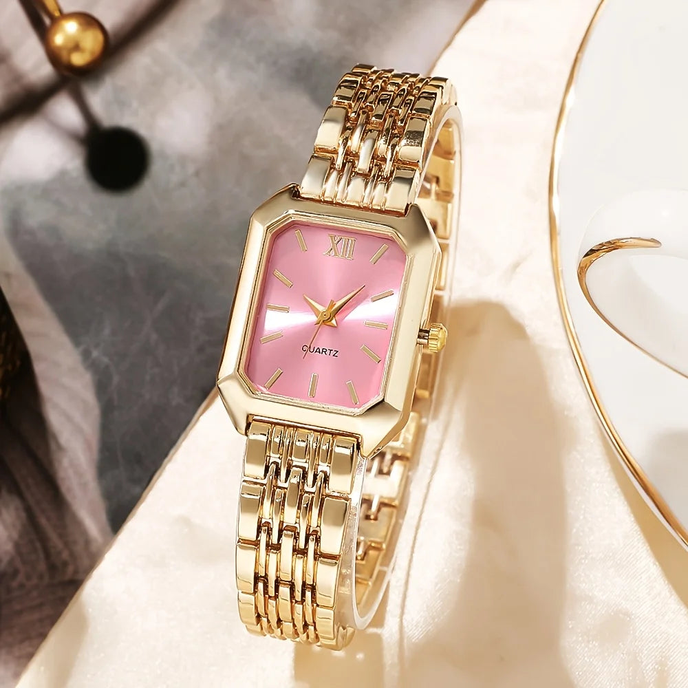 Elegant Rectangle Women's Quartz Watch & Rhinestone Jewelry Set – 6PCS Ladies Wristwatch