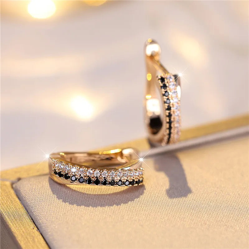 Black & White Zircon Clip Earrings – Gold Tone Wedding Jewelry for Women