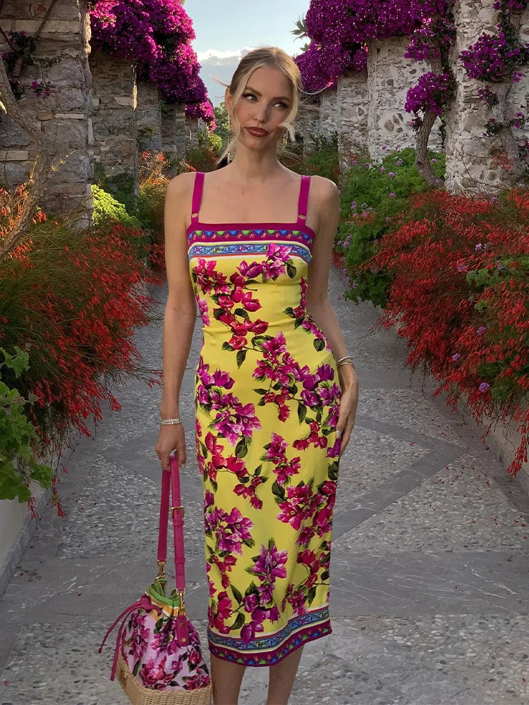 Floral Print Dresses For Women Fashion Sexy Streetwear Prairie Chic Straps Sleeveless Slash Neck Slim Fit Midi Vestidos Robes