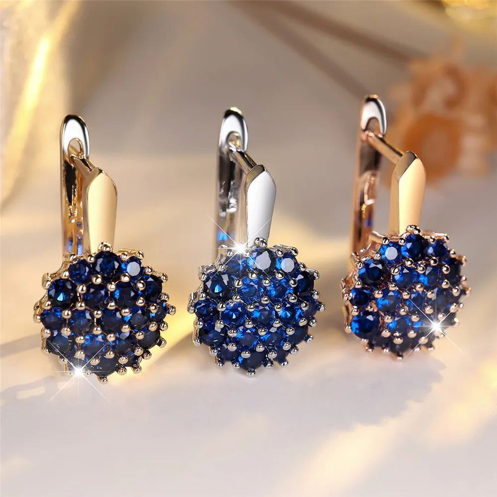 Cute Sunflower Blue Crystal Hoop Earrings for Women, Rose Gold/Silver Color, Wedding Jewelry