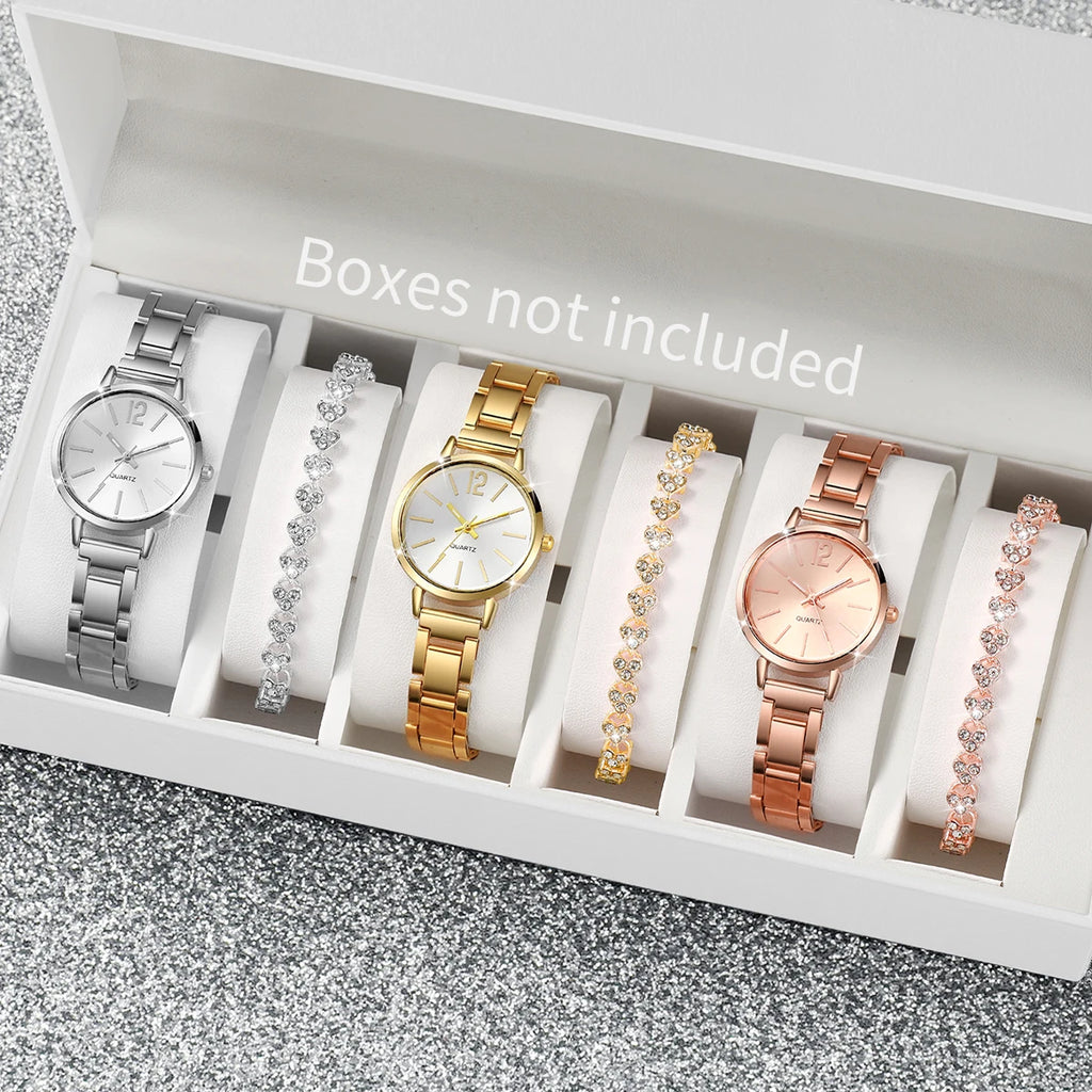 Women's Steel Band Quartz Watch & Diamond Bracelet Set – 6PCS Fashion Wristwatch