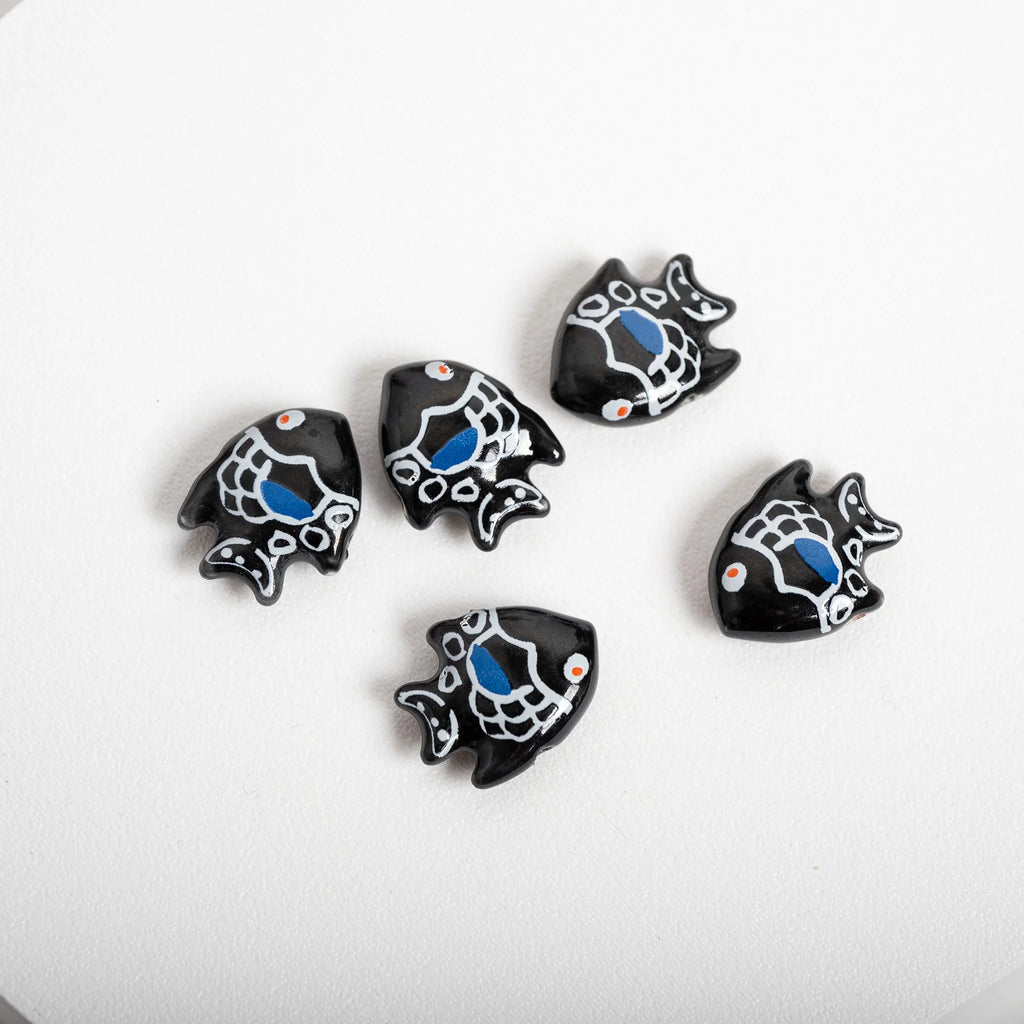 Handmade Black Pattern Fish Ceramic Beads – Painted DIY Loose Beads for Bracelet & Necklace (5pcs)