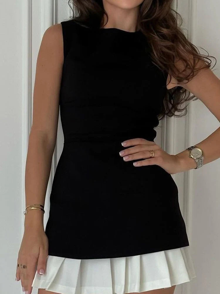 Elegant Patchwork Pleated Sleeveless Mini Dress