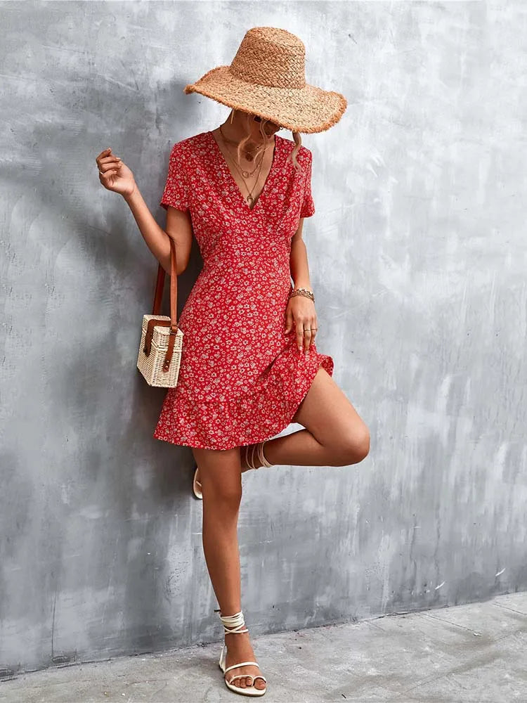 Boho Floral Print V-Neck Mini Dress