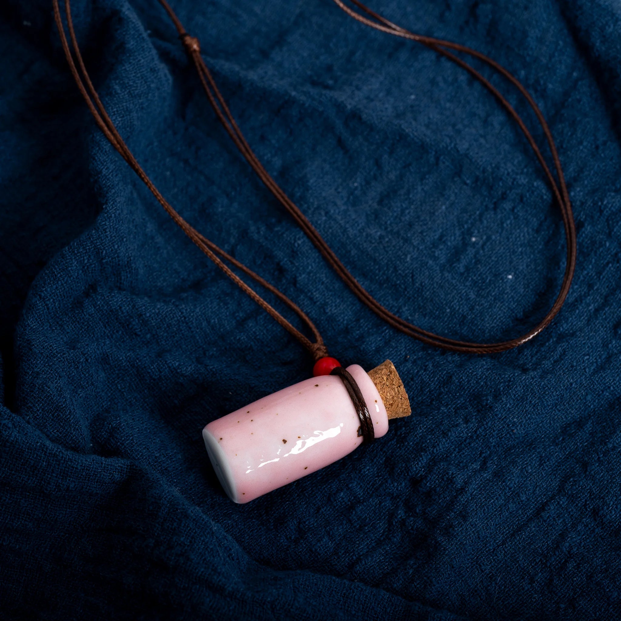 Handmade Pink Ceramic Perfume Bottle Necklace – Adjustable Wax Cord Aromatherapy Jewelry
